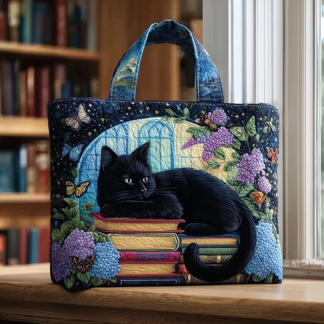 Handgefertigte Tasche - Chat Noir auf Bücher