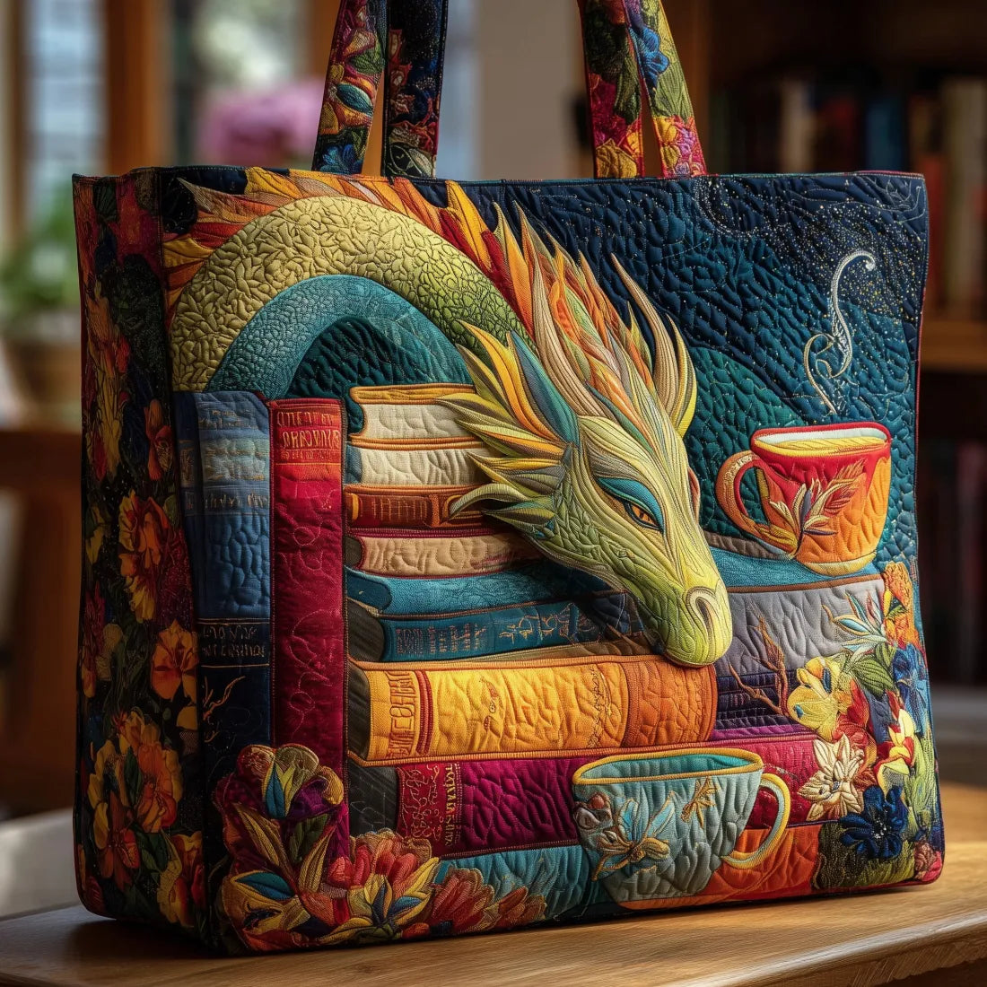 Handgefertigte Tasche - Drache Leser mit Büchern und Tassen