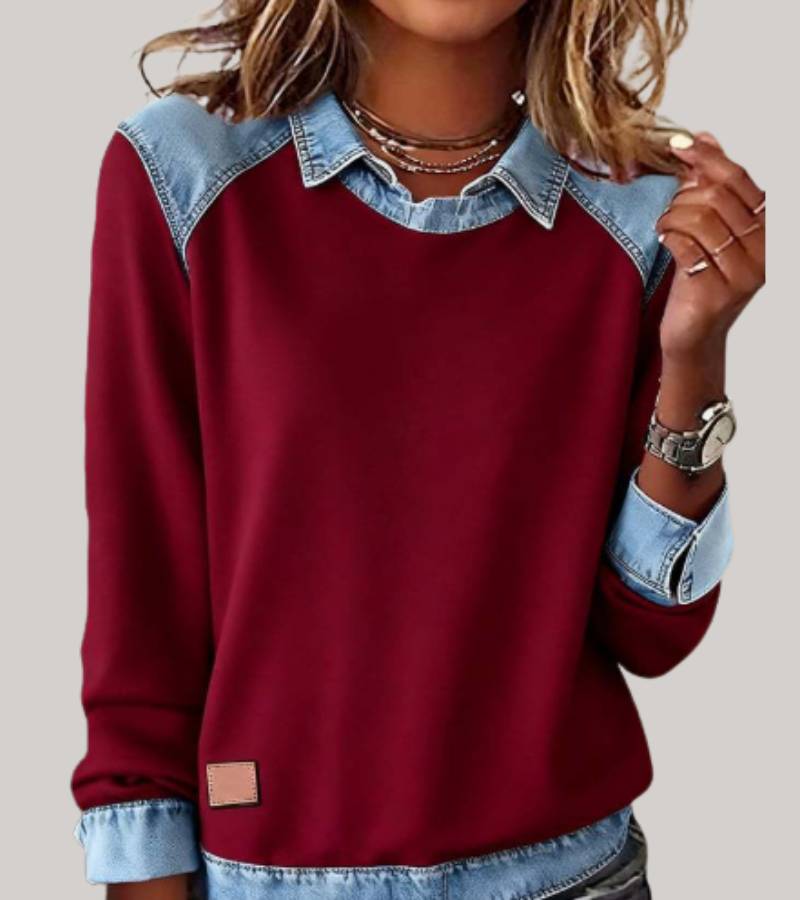 Silvia | Patchwork-Stricktop mit Denim-Details