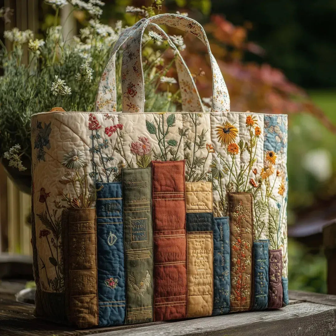 Handgefertigte, gepolsterte Tasche - Bücher und Blumen