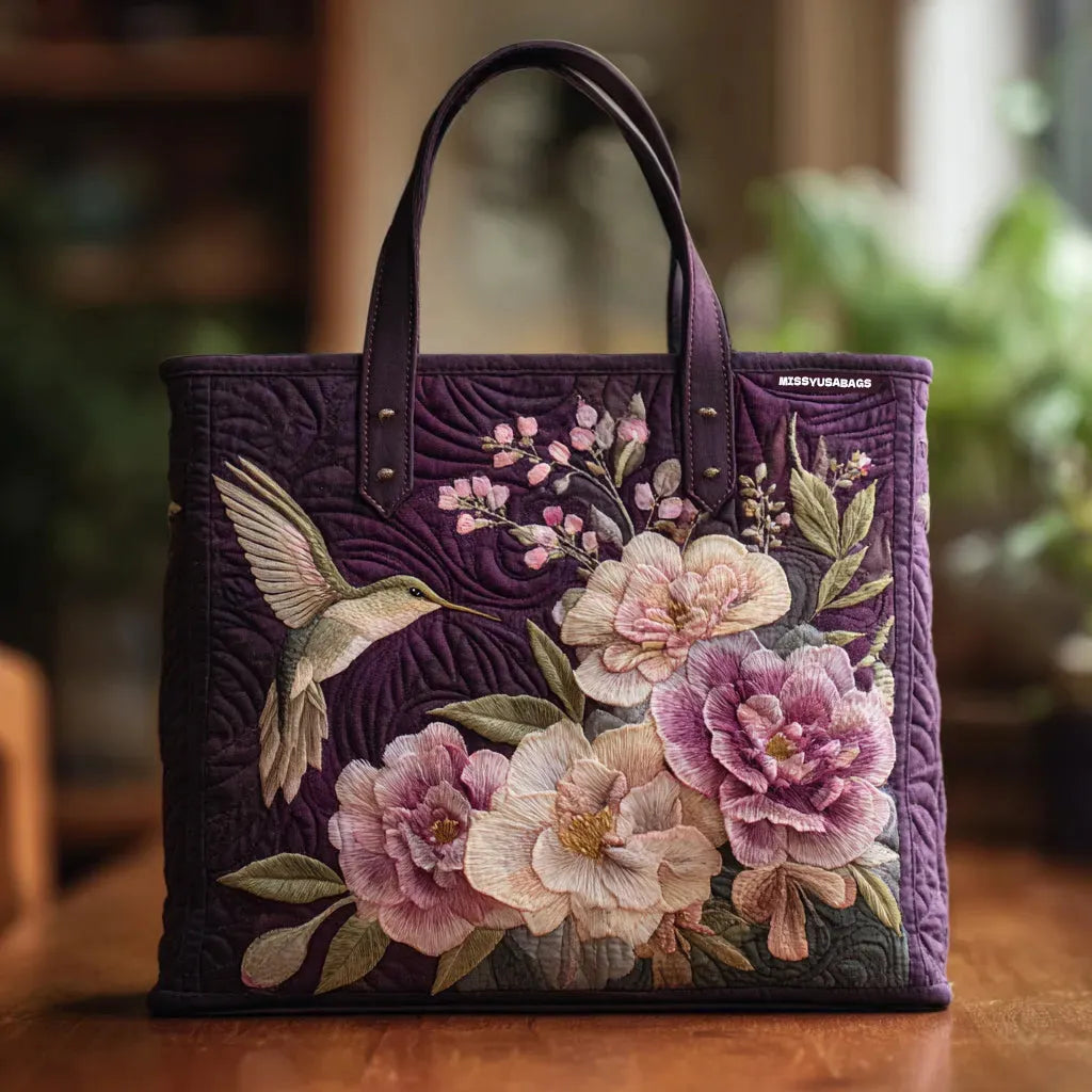 Handgefertigte, gesteppte Tasche - Kolibris und Orchideen
