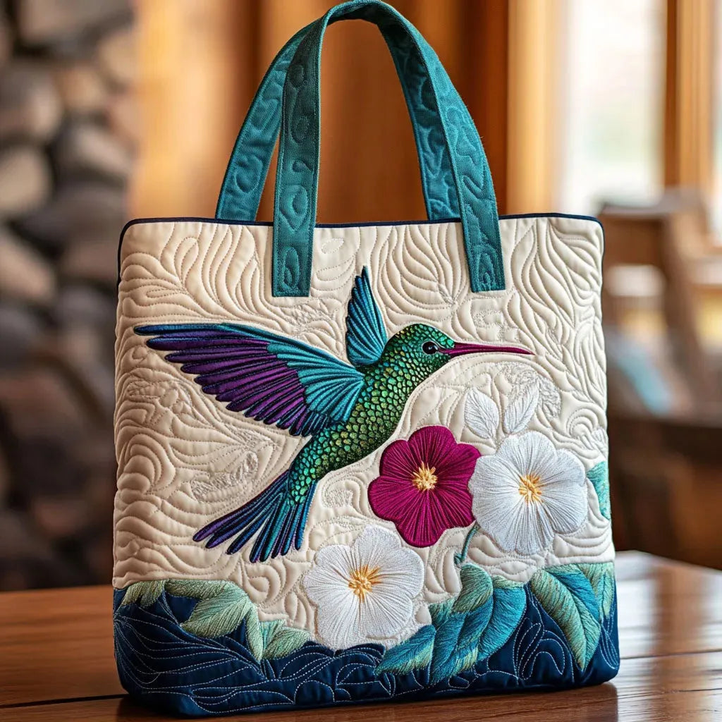 Gesteppte Tasche - Kolibri und Weiße Blume