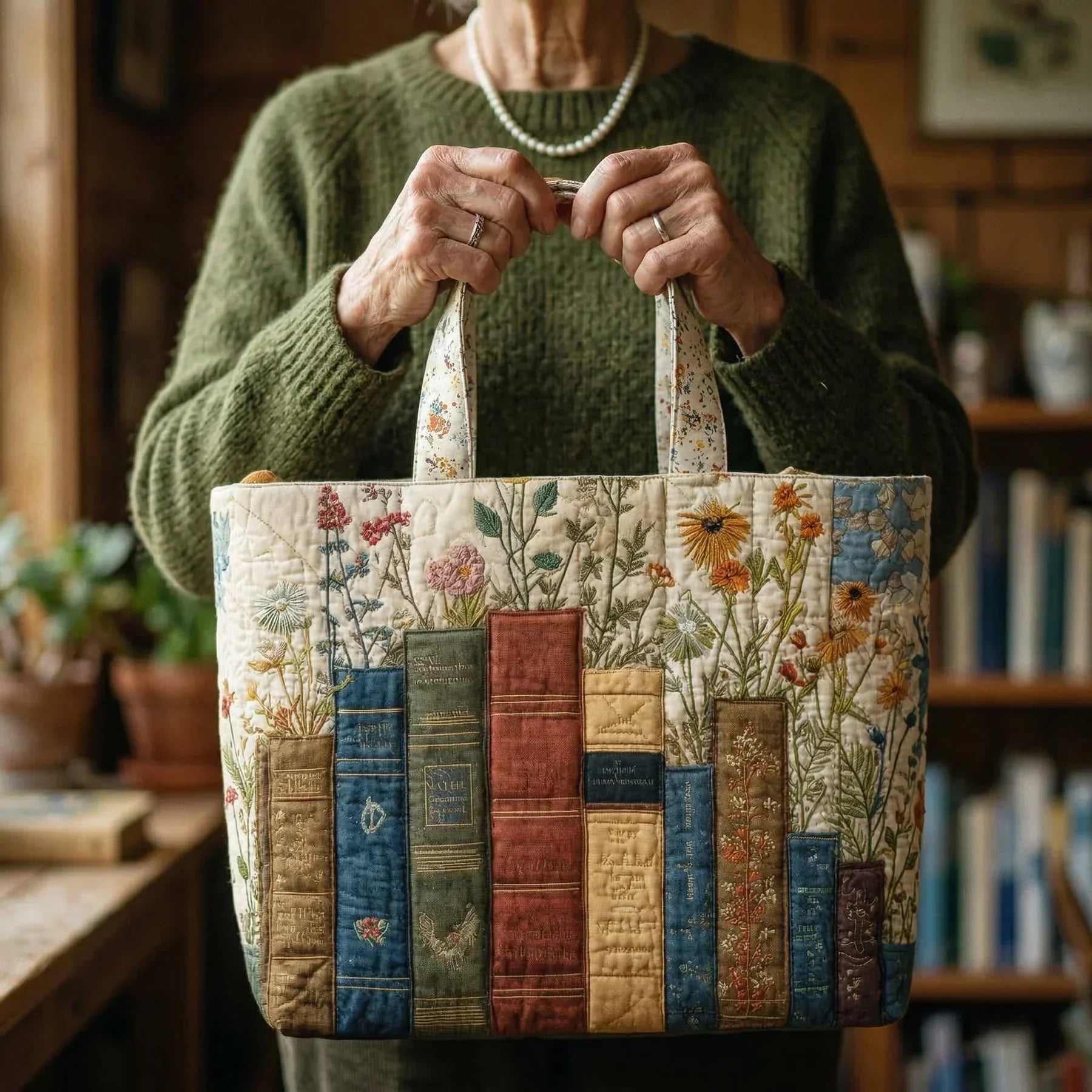 Handgefertigte, gepolsterte Tasche - Bücher und Blumen