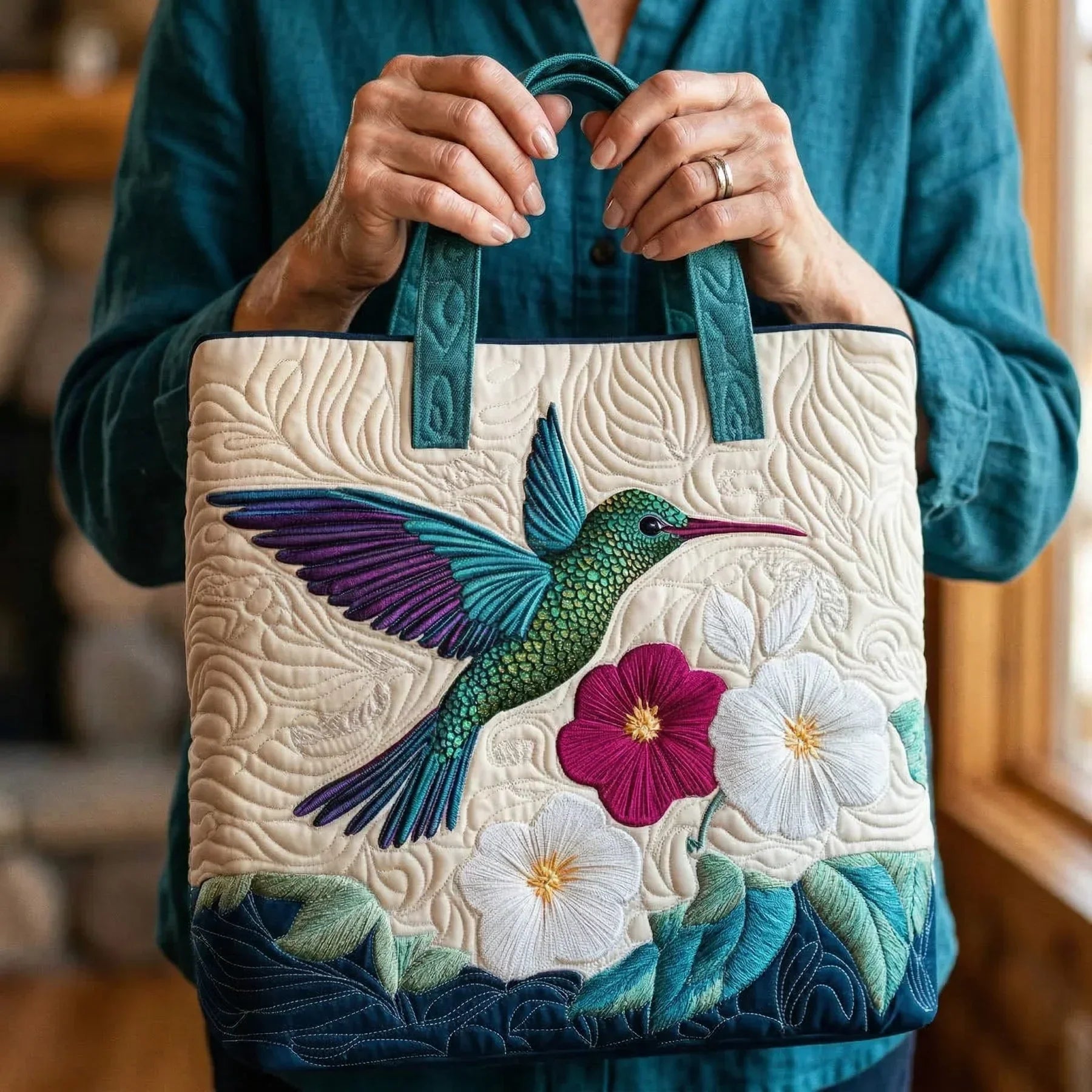 Gesteppte Tasche - Kolibri und Weiße Blume