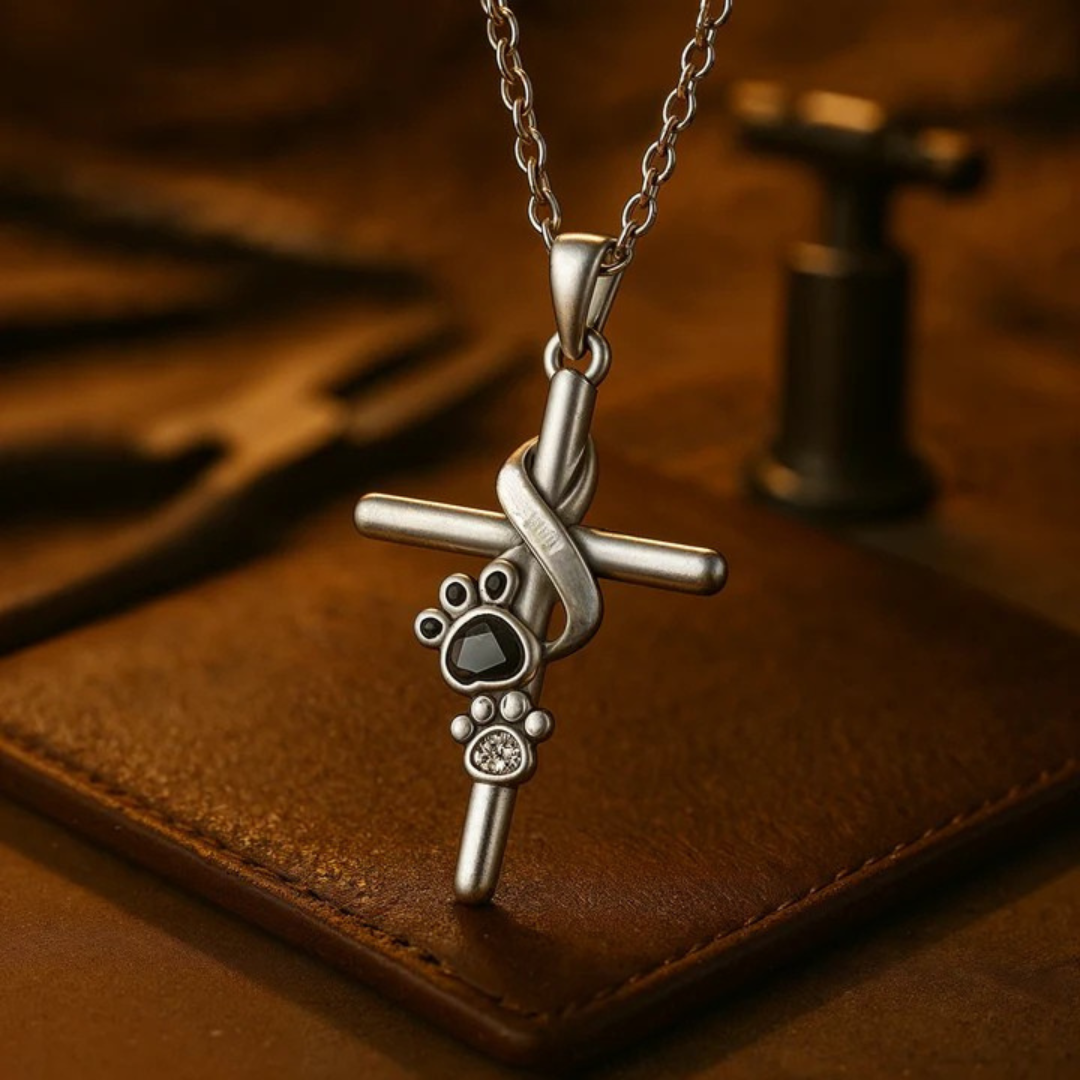 Halskette mit Tatze und Kreuz in Silber