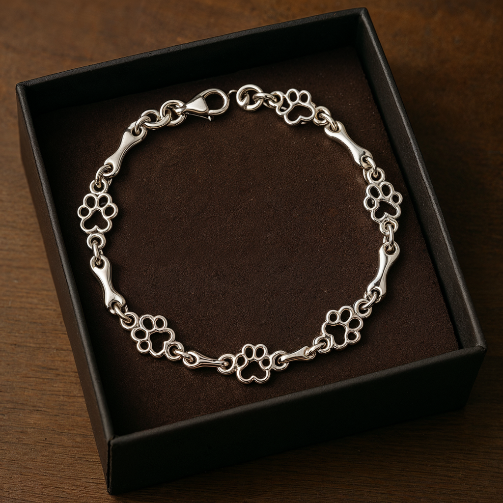 Armband mit Anhänger aus Silber mit Hundepfoten und -knochen