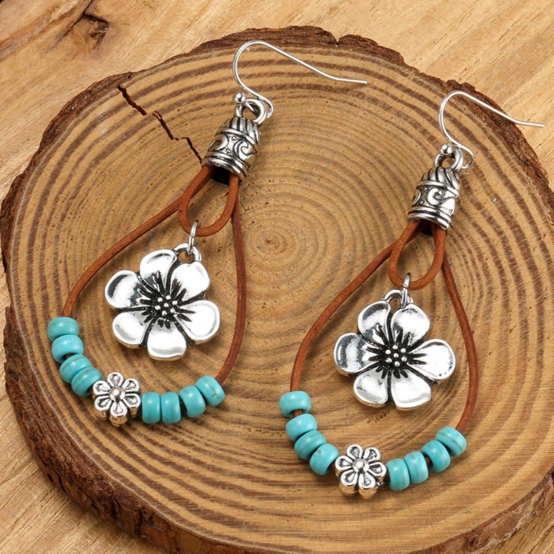 Boho Silber Türkis Blume Ohrringe