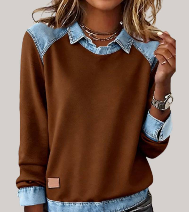 Silvia | Patchwork-Stricktop mit Denim-Details