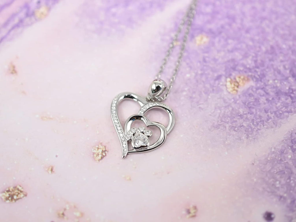 Sterling Silber Halskette mit Pfote und Herz mit Zirkonia
