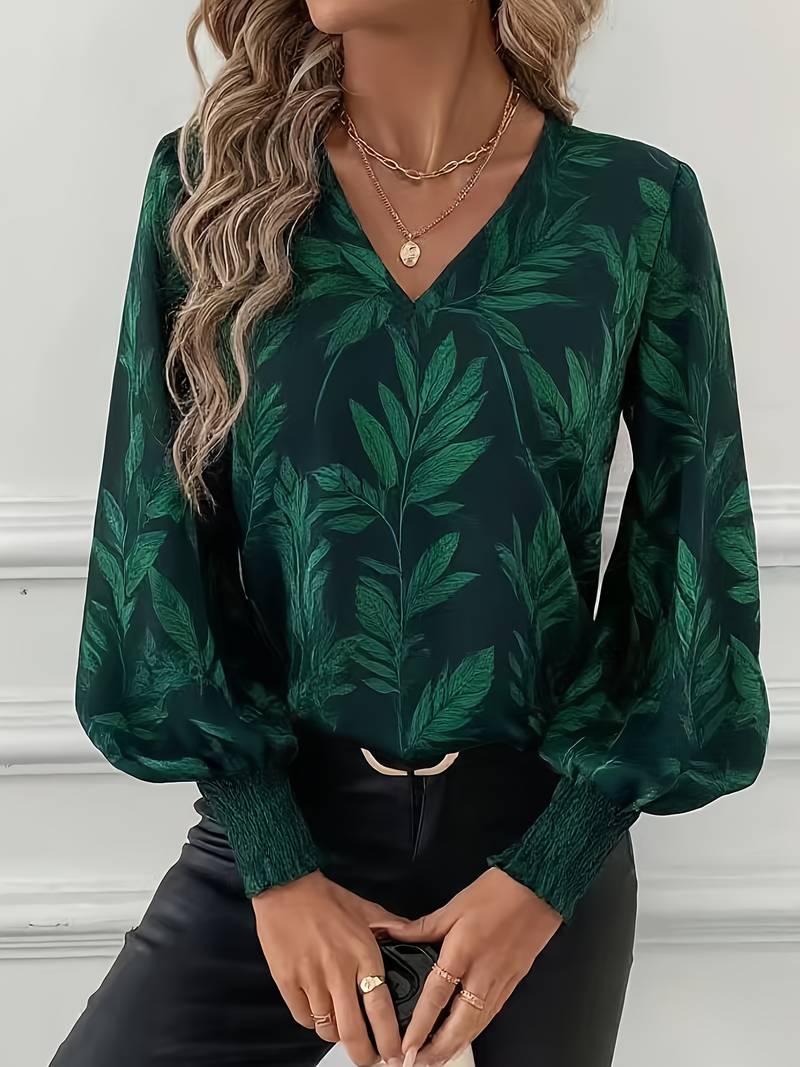 Ruchama | Eleganti Langarm-Bluse mit Blattmuster