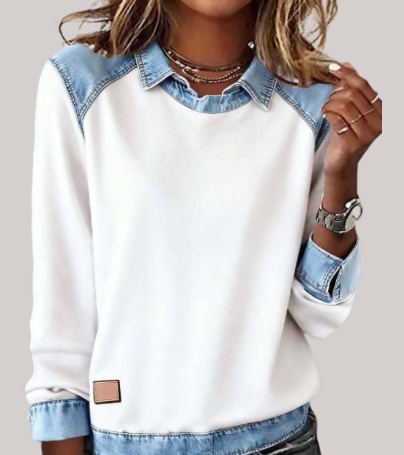 Silvia | Patchwork-Stricktop mit Denim-Details