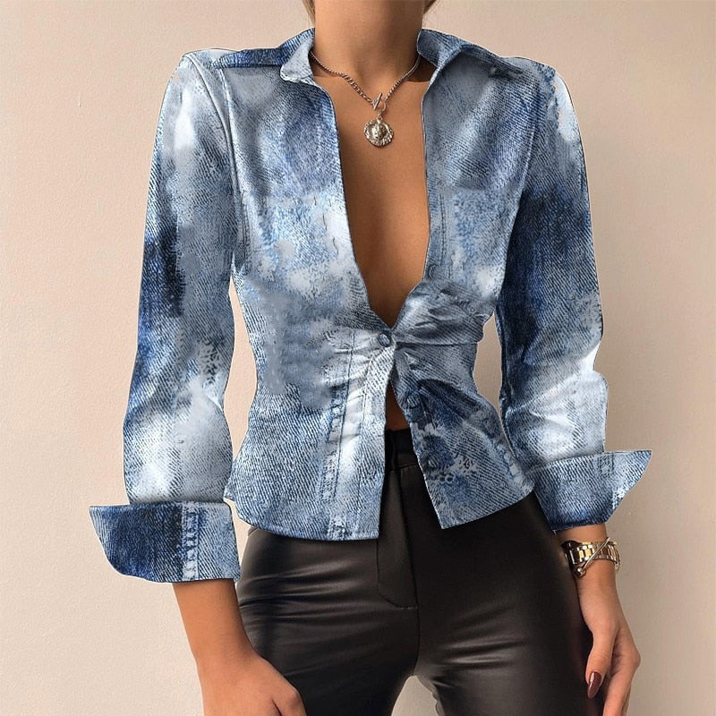 Silvia | V-Ausschnitt PU-Leder bedruckt Langarm Patchwork-Bluse