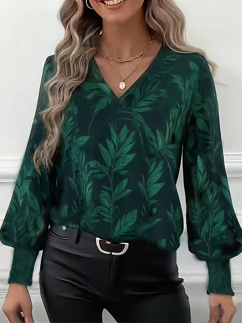 Ruchama | Eleganti Langarm-Bluse mit Blattmuster