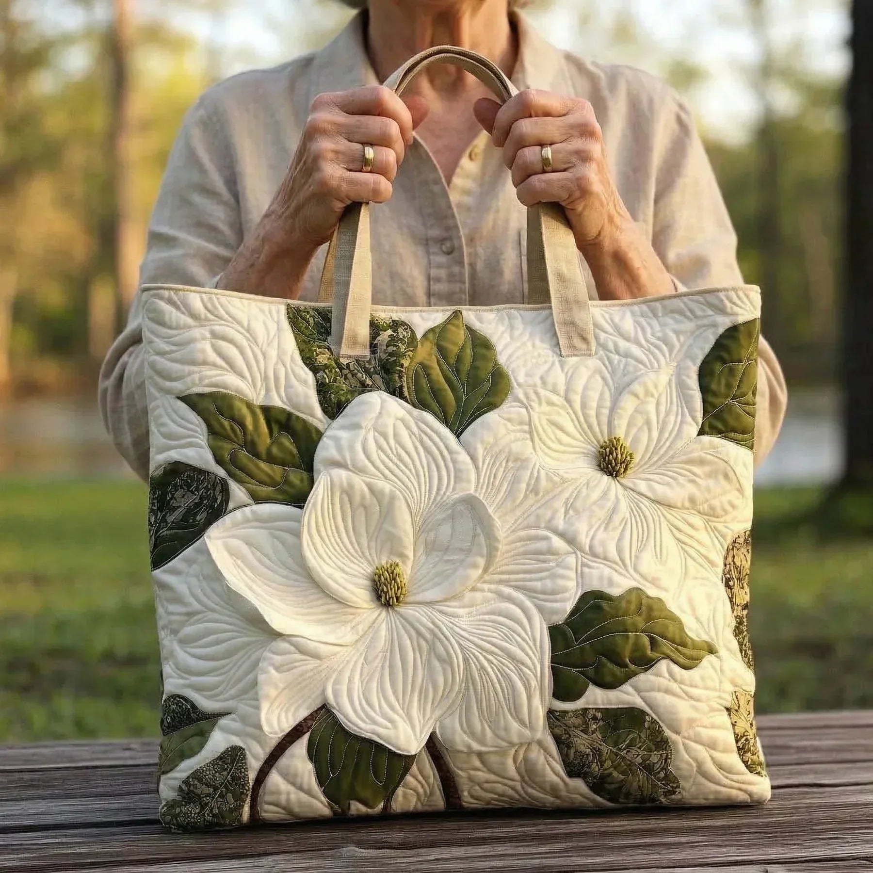 Handgefertigte, gesteppte Tasche - Elegante Weiße Lilien