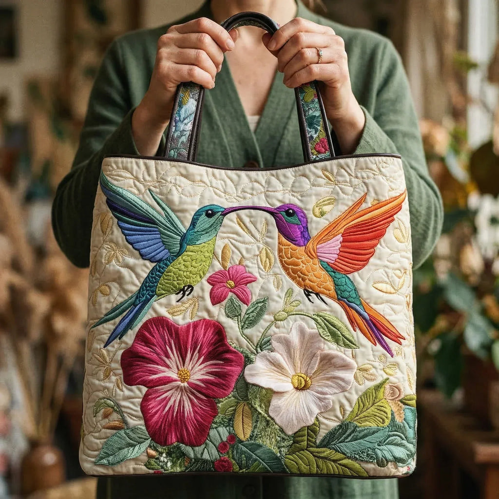 Gesteppte Tasche - Kolibri und weiße Blumen