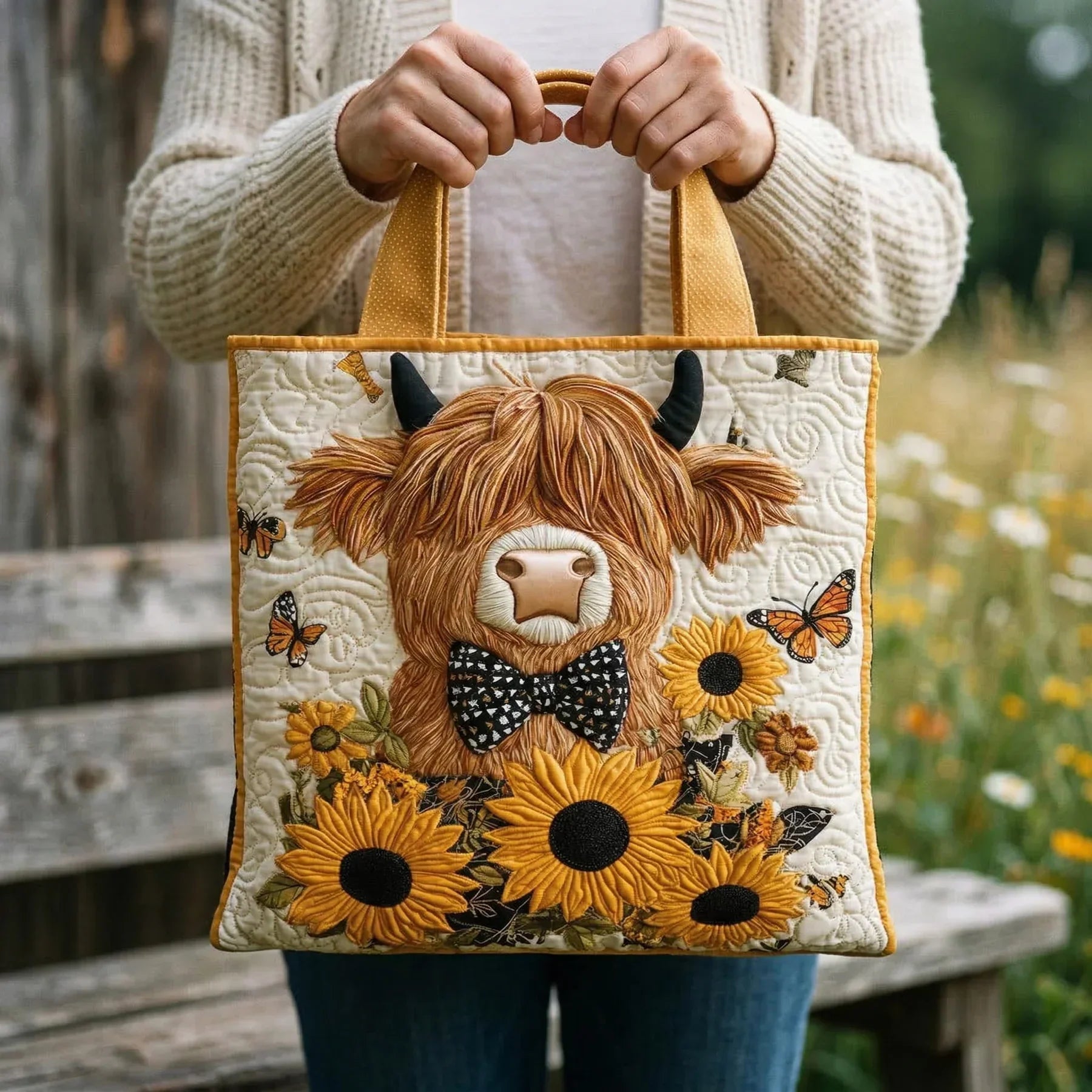 Gesteppte Tasche - Highland-Kuh mit Sonnenblumen