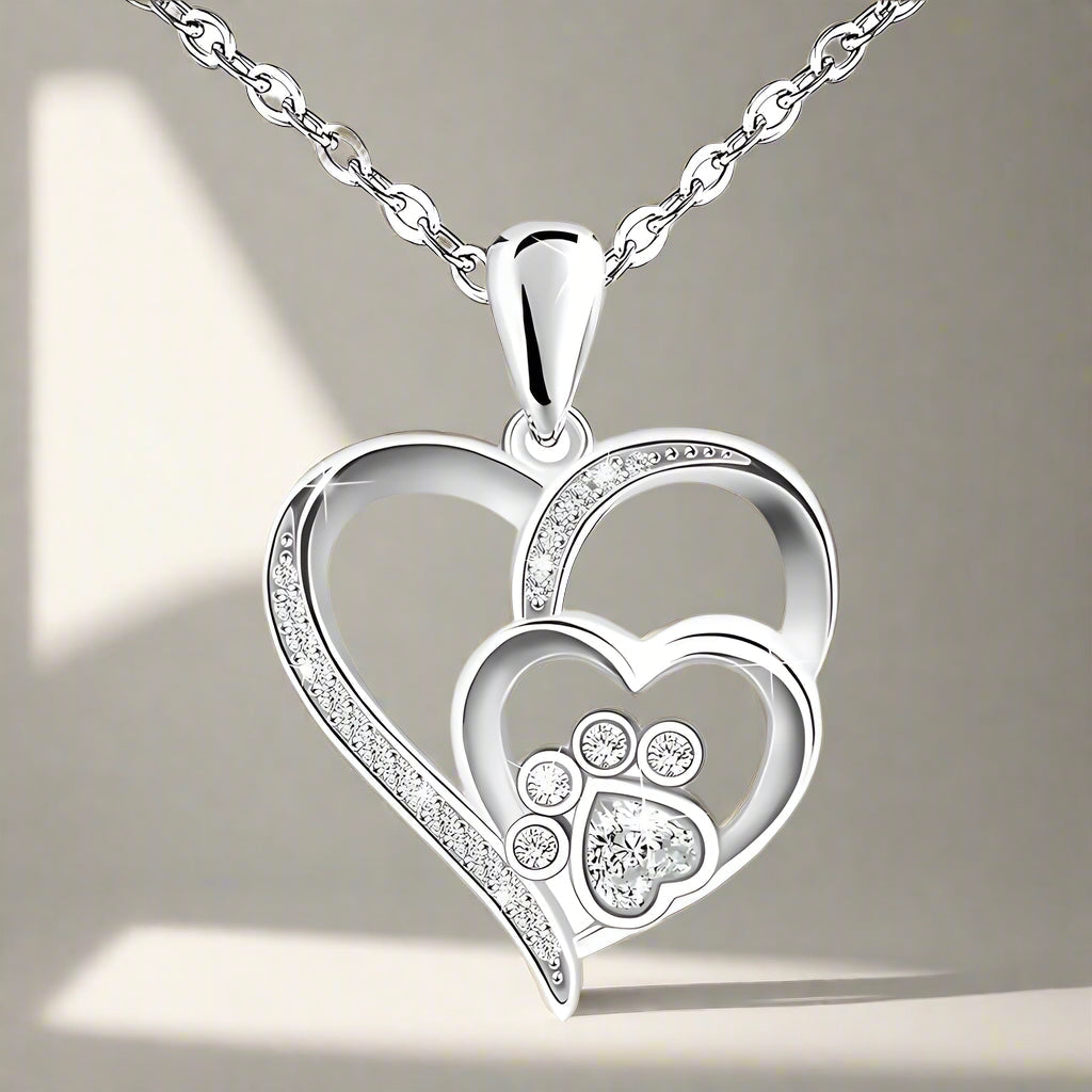 Sterling Silber Halskette mit Pfote und Herz mit Zirkonia